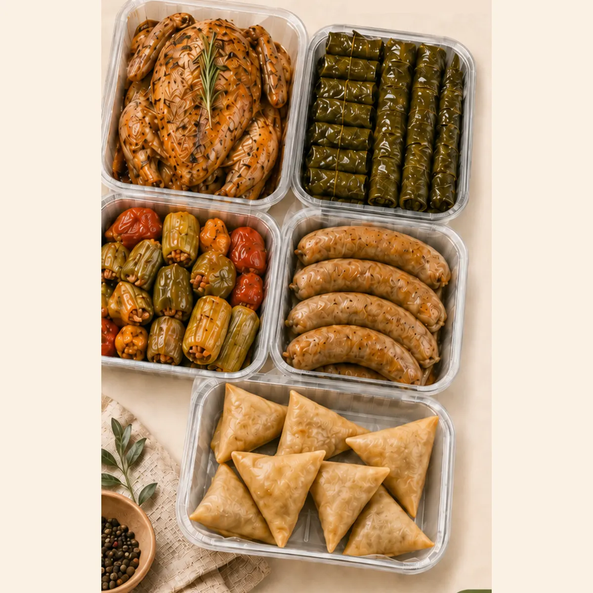 علب عرض أربعة أفراد: فرخة مشوية وورق عنب ومحشي مشكل وممبار وسمبوسة