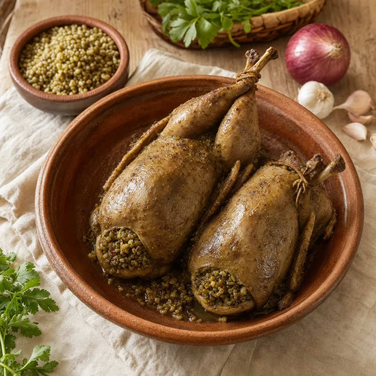 حمامتان محشيتان بالفريك في طبق فخار