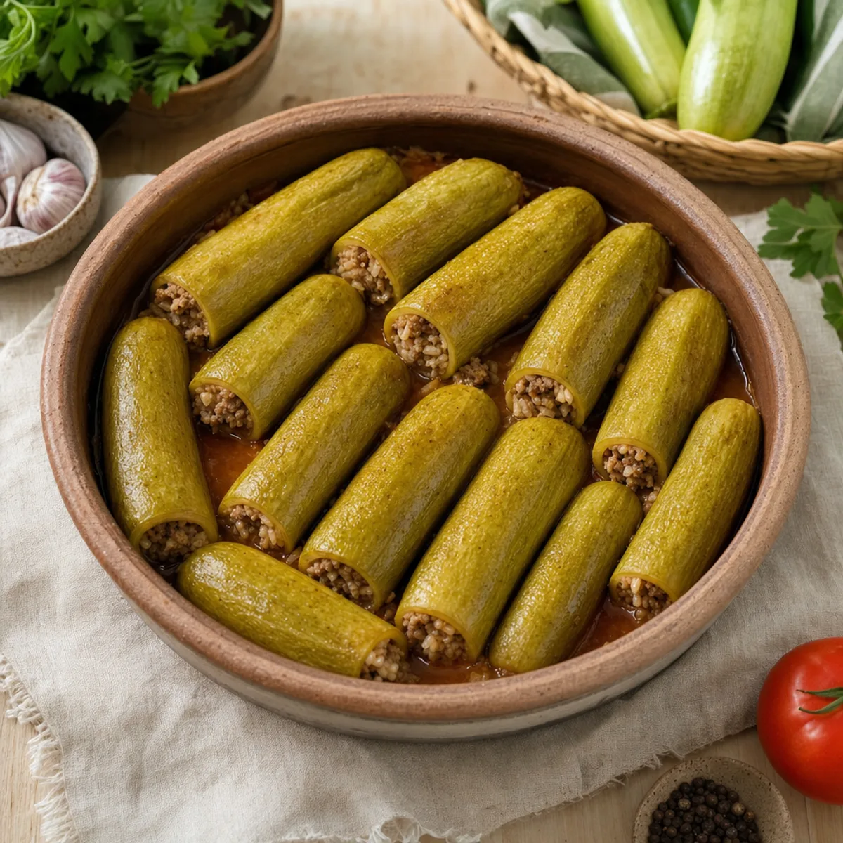 كوسة محشية مرصوصة بجانب بعضها في طبق